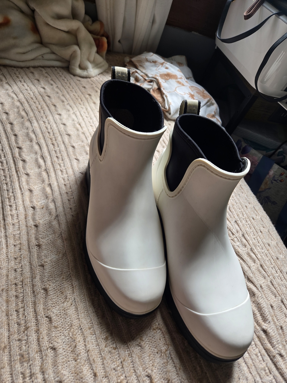 UGG White Chelsea-Style Ankle Booties with Black Trim